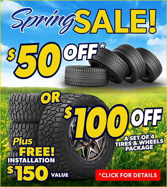 $50 OFF A Set Of 4 Select Tires or $100 OFF A Set Of 4 Tires & Wheels Package + FREE Mounting & Balancing ($150 Value) at Tire Outlet US Fullerton